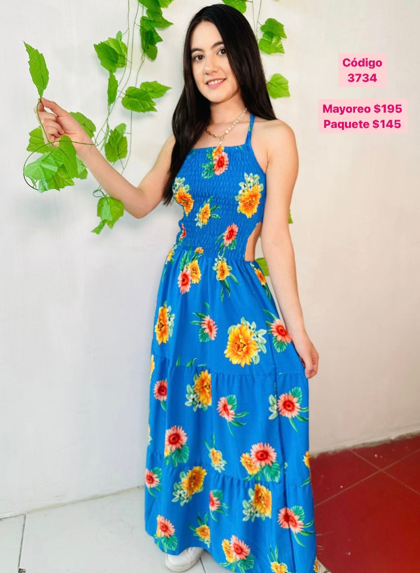 VESTIDO LARGO DE TIRANTES CON FLORES 3734